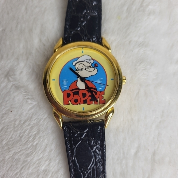 Vintage Popeye Watch. Black leather band. Cartoon - Picture 1 of 7